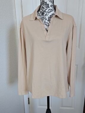 Neutral Beige Long Sleeve Polo Top